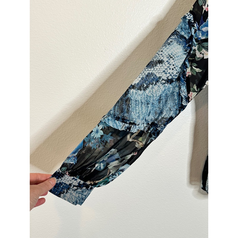 Hale Bob Silk Blouse Top Size M Black Blue Floral Snakeskin Beaded V-Neck Boho - Picture 5 of 11